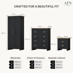 Afn Home Country Style 3 Piece Bedroom Set, 2 Door Wardrobe, 4 Drawer Chest & 2 Drawer Bedside Cabinet, Black/oak - thumbnail 5