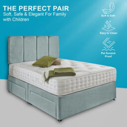 Dining Tables Zanzibar Headboard Divan Set , 2 Drawer On Same Side With Sprung 1500 Comfort Mattress - Chenille Pale Blue - Double - thumbnail 2