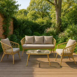 Home Republic 4Pc Rattan Sofa Chairs And Glass Table Set Indoor Outdoor Garden Furniture With Cushions