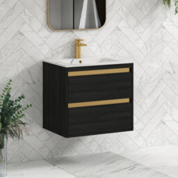 Royal Bathrooms Orion 600mm Wall Hung Vanity Unit 2 Drawer Hale Black With Carrara White Basin & Brushed Brass Accent Trim - thumbnail 6