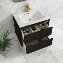 Royal Bathrooms Orion 600mm Wall Hung Vanity Unit 2 Drawer Hale Black With Carrara White Basin & Brushed Brass Accent Trim - thumbnail 5