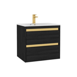 Royal Bathrooms Orion 600mm Wall Hung Vanity Unit 2 Drawer Hale Black With Carrara White Basin & Brushed Brass Accent Trim - thumbnail 7