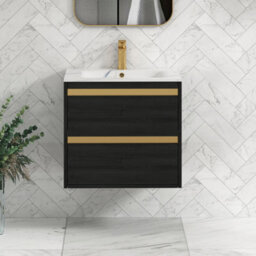 Royal Bathrooms Orion 600mm Wall Hung Vanity Unit 2 Drawer Hale Black With Carrara White Basin & Brushed Brass Accent Trim