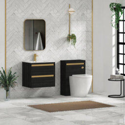 Royal Bathrooms Orion 600mm Wall Hung Vanity Unit 2 Drawer Hale Black With Carrara White Basin & Brushed Brass Accent Trim - thumbnail 4