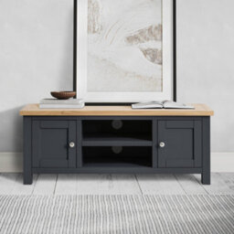 Farro Charcoal Grey 120Cm Large Tv Unit - Fully Assembled - Painted With Oak Top By Roseland Furniture - thumbnail 2