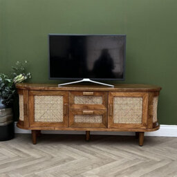 Elm Home And Garden Soild Mango Wood Rattan Oval Tv Media Unit Doors Dark Oak Finish 140Cm Wide Assembled - thumbnail 3
