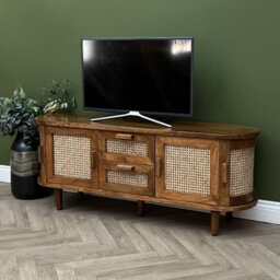 Elm Home And Garden Soild Mango Wood Rattan Oval Tv Media Unit Doors Dark Oak Finish 140Cm Wide Assembled - thumbnail 2