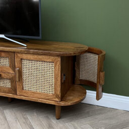 Elm Home And Garden Soild Mango Wood Rattan Oval Tv Media Unit Doors Dark Oak Finish 140Cm Wide Assembled - thumbnail 7