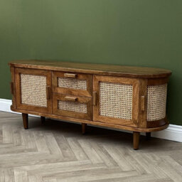 Elm Home And Garden Soild Mango Wood Rattan Oval Tv Media Unit Doors Dark Oak Finish 140Cm Wide Assembled - thumbnail 6
