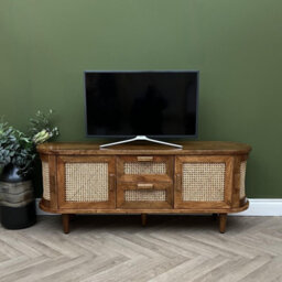 Elm Home And Garden Soild Mango Wood Rattan Oval Tv Media Unit Doors Dark Oak Finish 140Cm Wide Assembled