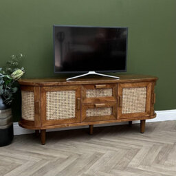 Elm Home And Garden Soild Mango Wood Rattan Oval Tv Media Unit Doors Dark Oak Finish 140Cm Wide Assembled - thumbnail 5