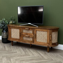 Elm Home And Garden Soild Mango Wood Rattan Oval Tv Media Unit Doors Dark Oak Finish 140Cm Wide Assembled - thumbnail 4
