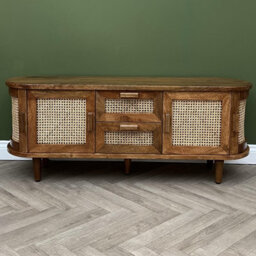 Elm Home And Garden Soild Mango Wood Rattan Oval Tv Media Unit Doors Dark Oak Finish 140Cm Wide Assembled - thumbnail 9