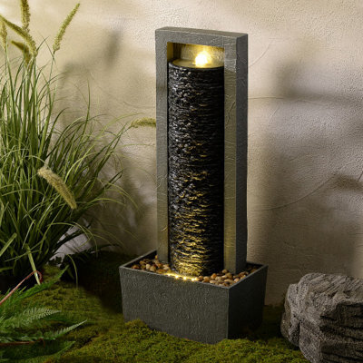 Teamson Home Garden Outdoor Water Feature, Tall Waterfall Water Fountain, With Warm Led Lights, Layered Rock Design, Dark Grey - image 1