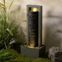 Teamson Home Garden Outdoor Water Feature, Tall Waterfall Water Fountain, With Warm Led Lights, Layered Rock Design, Dark Grey