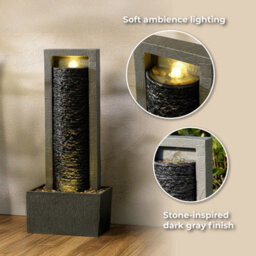 Teamson Home Garden Outdoor Water Feature, Tall Waterfall Water Fountain, With Warm Led Lights, Layered Rock Design, Dark Grey - thumbnail 7