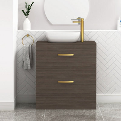 Royal Bathrooms 800mm Floor Standing Vanity Unit 2 Drawer Grey Elm & Countertop Basin - Elva With Brushed Brass Handle - image 1