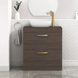 Royal Bathrooms 800mm Floor Standing Vanity Unit 2 Drawer Grey Elm & Countertop Basin - Elva With Brushed Brass Handle - thumbnail 1