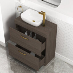 Royal Bathrooms 800mm Floor Standing Vanity Unit 2 Drawer Grey Elm & Countertop Basin - Elva With Brushed Brass Handle - thumbnail 3
