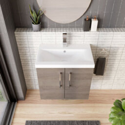 Balterley Contemporary Bathroom Wall Hung 2 Soft-Close Door Vanity Unit & Mid-Edge Ceramic Basin, Solace Oak, 600 mm - thumbnail 3