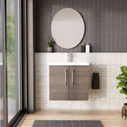 Balterley Contemporary Bathroom Wall Hung 2 Soft-Close Door Vanity Unit & Mid-Edge Ceramic Basin, Solace Oak, 600 mm - thumbnail 2