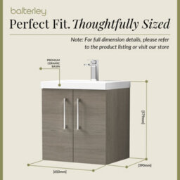 Balterley Contemporary Bathroom Wall Hung 2 Soft-Close Door Vanity Unit & Mid-Edge Ceramic Basin, Solace Oak, 600 mm - thumbnail 5