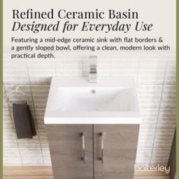 Balterley Contemporary Bathroom Wall Hung 2 Soft-Close Door Vanity Unit & Mid-Edge Ceramic Basin, Solace Oak, 600 mm - thumbnail 7