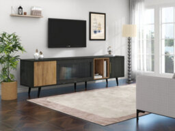 Tv Stand With Pull-Down Glass Doors And Storage, Dark Wood - thumbnail 9