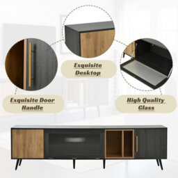 Tv Stand With Pull-Down Glass Doors And Storage, Dark Wood - thumbnail 6