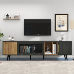 Tv Stand With Pull-Down Glass Doors And Storage, Dark Wood - thumbnail 3