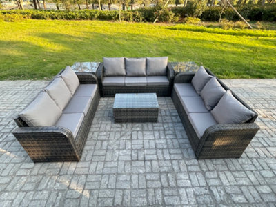 Fimous Rattan Lounge Sofa Set 9 Seater Outdoor Garden Furniture Set With Rectangular Coffee Table 3 Seater Sofa 2 Side Tables - image 1