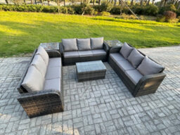 Fimous Rattan Lounge Sofa Set 9 Seater Outdoor Garden Furniture Set With Rectangular Coffee Table 3 Seater Sofa 2 Side Tables - thumbnail 2
