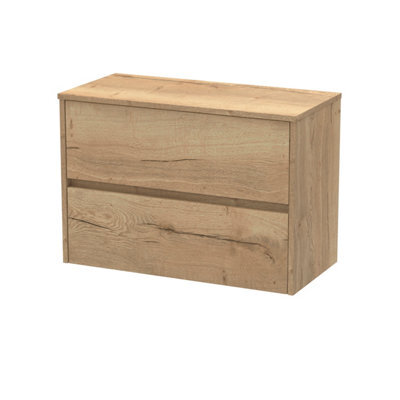 Nuie Havana Wall Hung 2-Drawer Vanity Unit & Worktop In Halifax Oak, Countertop Basin Unit In Autumn Oak, 800mm
