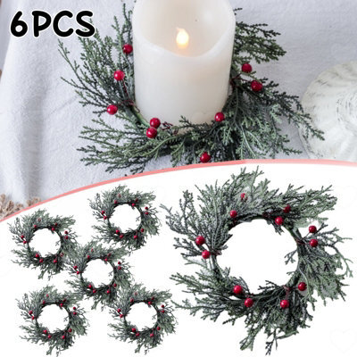 Amorly 6Pcs Christmas Candle Ring Wreaths, Artificial Red Berry Snowy Pine Needle Mini Wreaths Decor For Pillar Candles Xmas Centrepieces - image 1