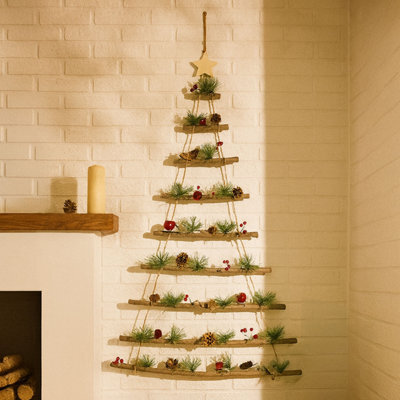 Neo Wooden Hanging Wall Xmas Christmas Tree Ladder Decoration Rustic Nordic Hygge Style With Pine Cones Red Berries Jute Rope Wall - image 1