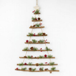 Neo Wooden Hanging Wall Xmas Christmas Tree Ladder Decoration Rustic Nordic Hygge Style With Pine Cones Red Berries Jute Rope Wall - thumbnail 8