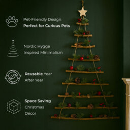 Neo Wooden Hanging Wall Xmas Christmas Tree Ladder Decoration Rustic Nordic Hygge Style With Pine Cones Red Berries Jute Rope Wall - thumbnail 3