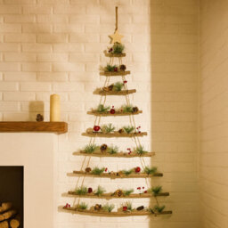 Neo Wooden Hanging Wall Xmas Christmas Tree Ladder Decoration Rustic Nordic Hygge Style With Pine Cones Red Berries Jute Rope Wall