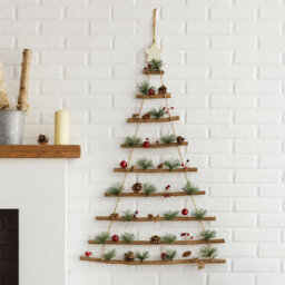 Neo Wooden Hanging Wall Xmas Christmas Tree Ladder Decoration Rustic Nordic Hygge Style With Pine Cones Red Berries Jute Rope Wall - thumbnail 2