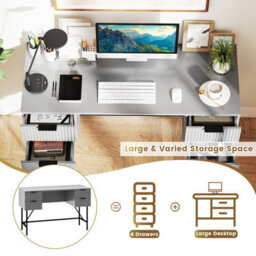 Costway Home Office Desk Computer Desk Writing Table Pc Workstation W/ 4 Drawers-Grey - thumbnail 7