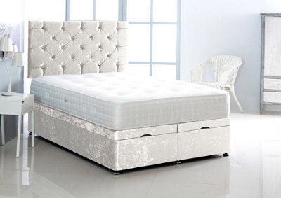 Comfy Deluxe 4Ft Small Single White Crush Velvet Foot Lift Ottoman Bed With Headboard & Mattress - image 1