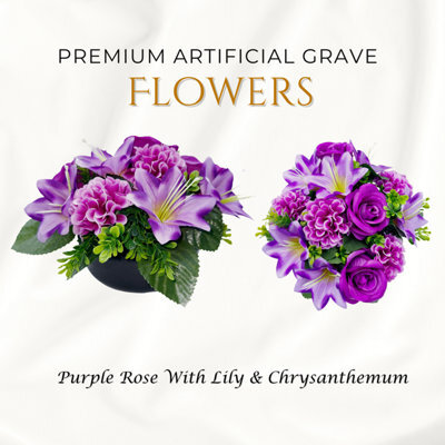 Premium Artificial Grave Flowers - 24Cm Purple Rose With Lily & Chrysanthemum Weighted Pot - image 1