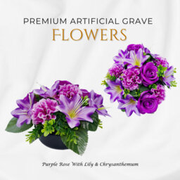 Premium Artificial Grave Flowers - 24Cm Purple Rose With Lily & Chrysanthemum Weighted Pot - thumbnail 4