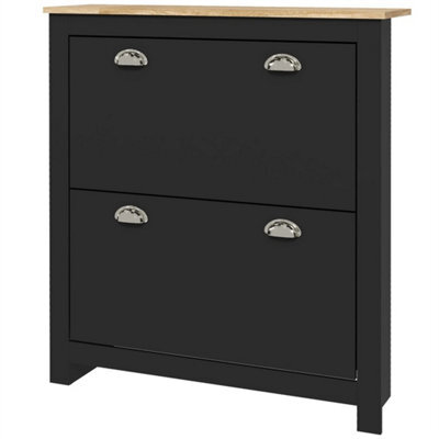 2 Drawer Shoe Cabinet Narrow Shoe Cupboard With Flip Doors, Black - image 1