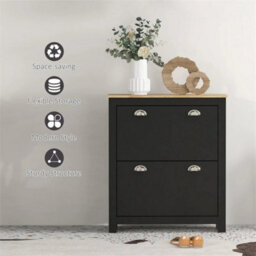 2 Drawer Shoe Cabinet Narrow Shoe Cupboard With Flip Doors, Black - thumbnail 3