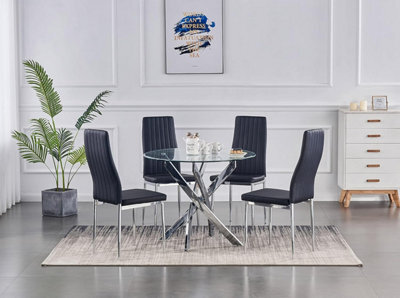 Furnizone UK Nexus 4-Seater 90Cm Round Clear Glass Dining Table And 4 Monza Black Chairs Faux Leather Chairs - image 1