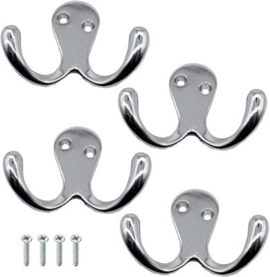 Sisi UK Chrome Double Prong Robe Hooks Pack Of 4 Wall Mounted Coat Hat Towel Door Hangers Metal Polished Chrome 50mm X 78mm - image 1
