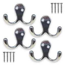 Sisi UK Chrome Double Prong Robe Hooks Pack Of 4 Wall Mounted Coat Hat Towel Door Hangers Metal Polished Chrome 50mm X 78mm - thumbnail 4