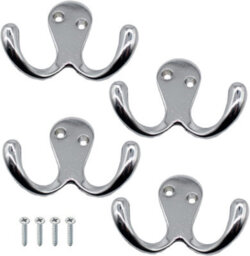 Sisi UK Chrome Double Prong Robe Hooks Pack Of 4 Wall Mounted Coat Hat Towel Door Hangers Metal Polished Chrome 50mm X 78mm - thumbnail 1