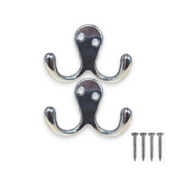 Sisi UK Chrome Double Prong Robe Hooks Pack Of 4 Wall Mounted Coat Hat Towel Door Hangers Metal Polished Chrome 50mm X 78mm - thumbnail 2